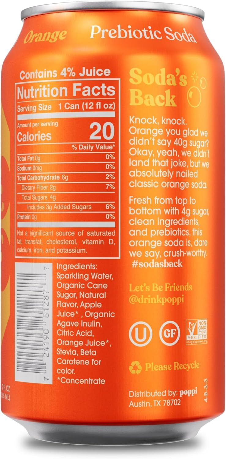 KD Chocolates Poppii Orange Prebiotic Soda, 12 oz Cans, 4 Pack