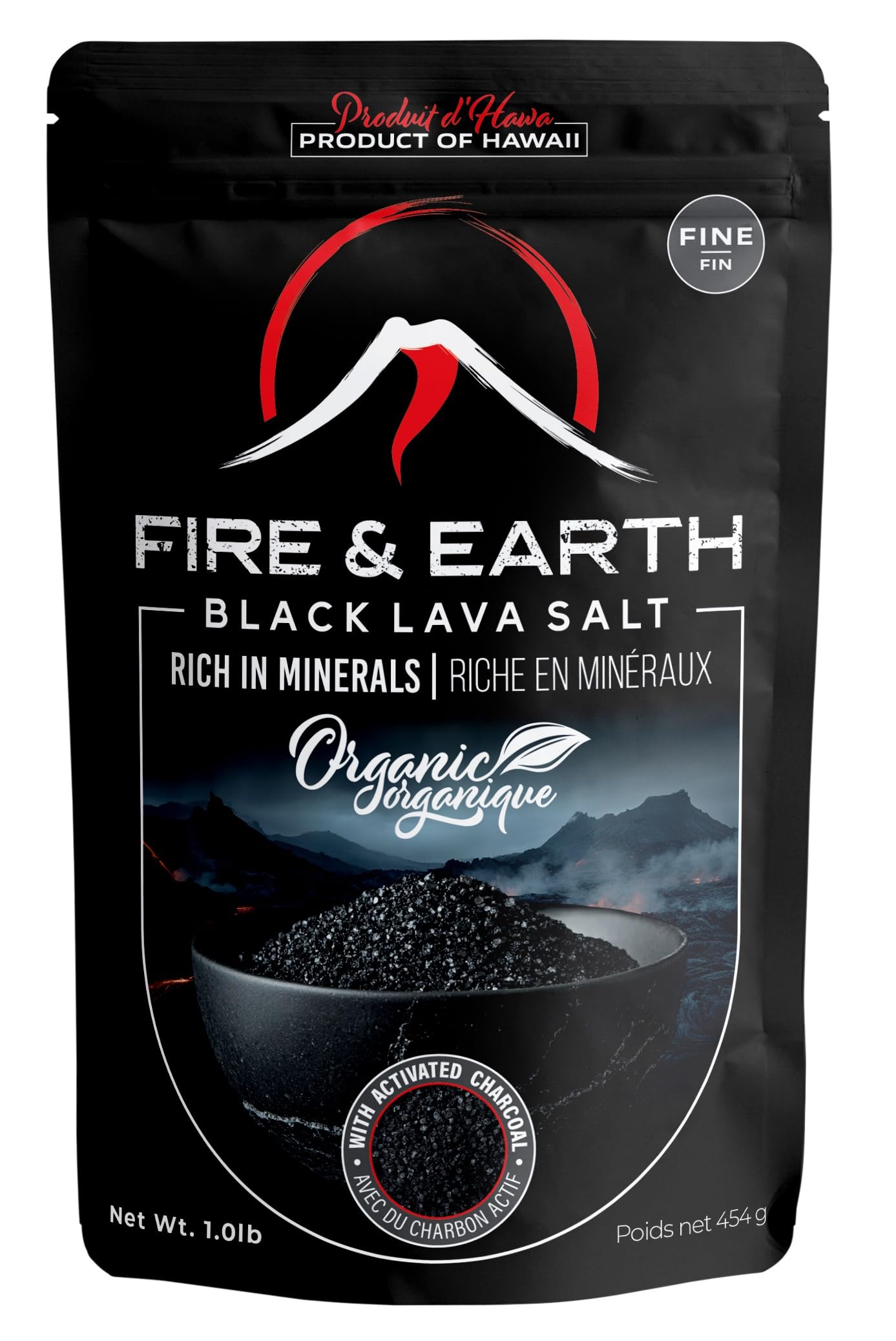 Fire & Earth Organic Black Lava Salt, Fine Grain, 16 Ounce, Gourmet Finishing Salt for Cooking and Seasoning