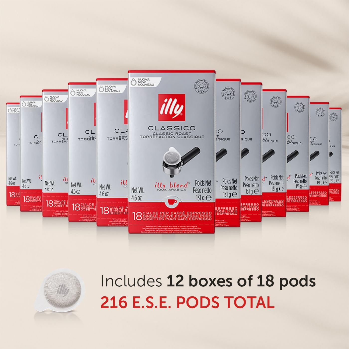 illy Classico E.S.E. Pods, Medium Roast Coffee with Chocolate & Caramel Notes, 18 Count (Pack of 12), Red