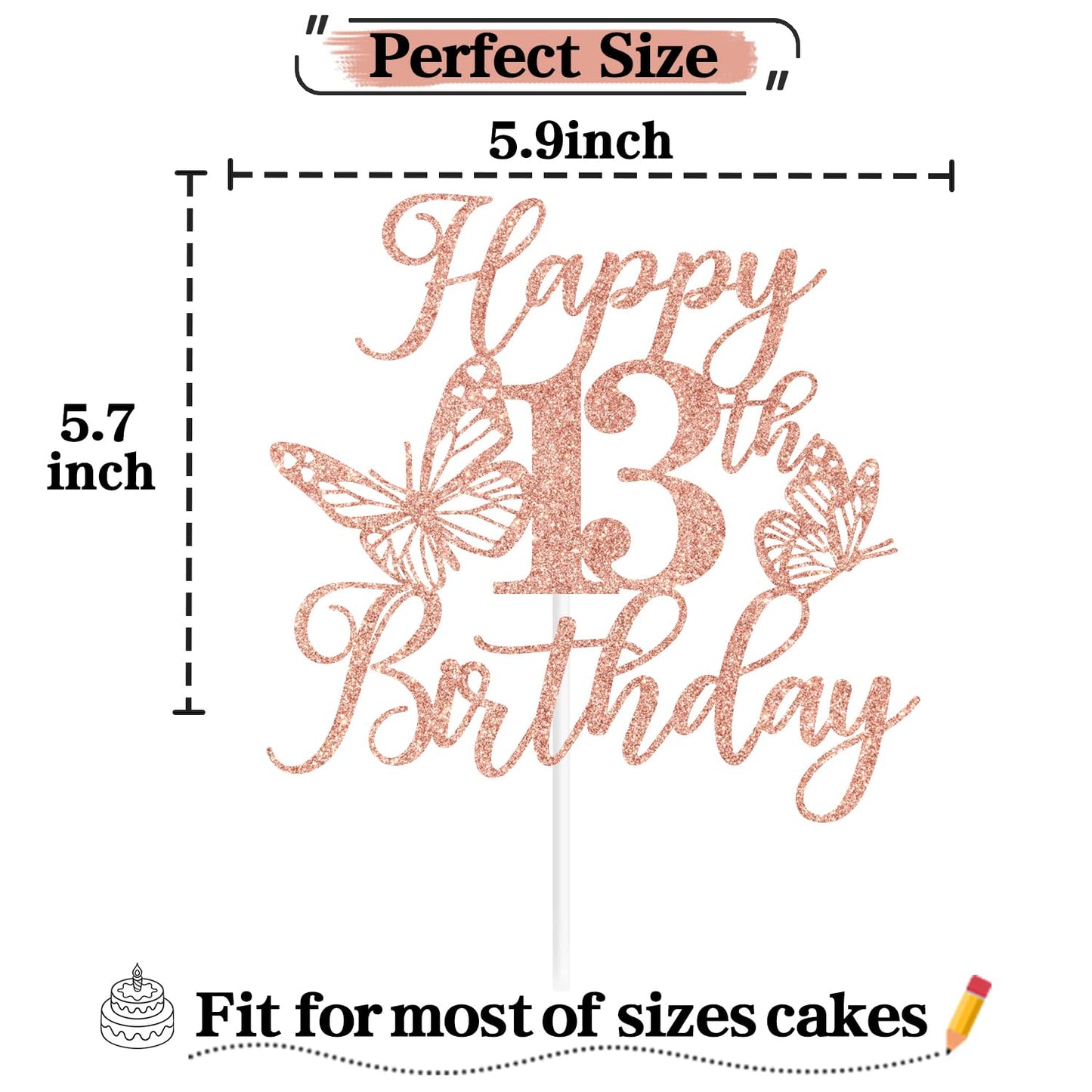 Rose Gold Glitter Happy 13Th Birthday Cake Topper, Butterfly Happy 13Th Birthday/Cheers To 13 Years, Butterfly Themed 13Th Birth