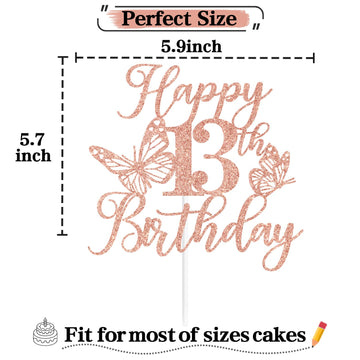 Rose Gold Glitter Happy 13Th Birthday Cake Topper, Butterfly Happy 13Th Birthday/Cheers To 13 Years, Butterfly Themed 13Th Birth