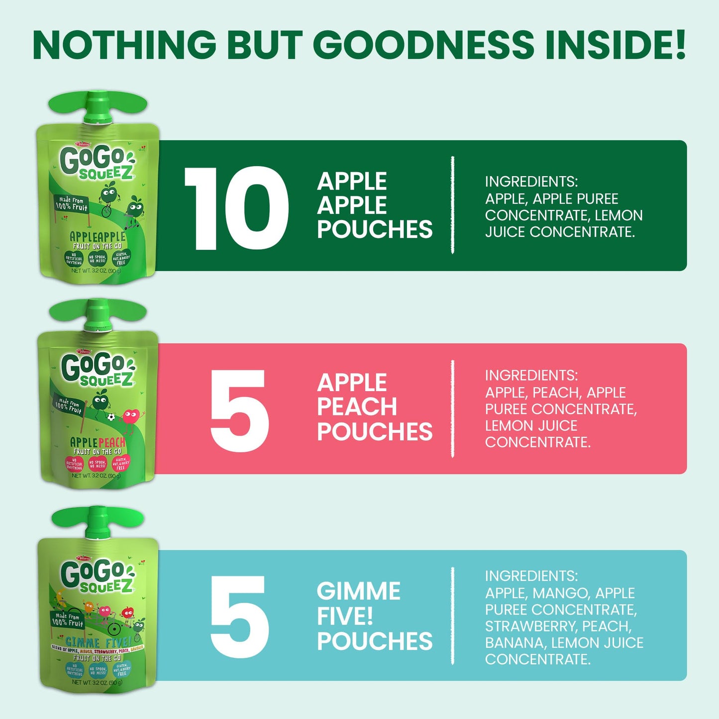 GoGo squeeZ Applesauce and Fruit Puree Variety Pack, Unsweetened Fruit Snacks, 3.2 oz (Pack of 20), Gluten Free, Nut Free, Dairy Free