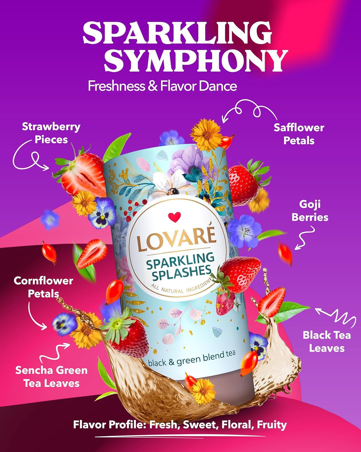 LOVARE Sparkling Splashes Loose Leaf Tea - Black & Green Tea with Strawberry, Goji Berries - 80 g Gift Box with 15 Filters