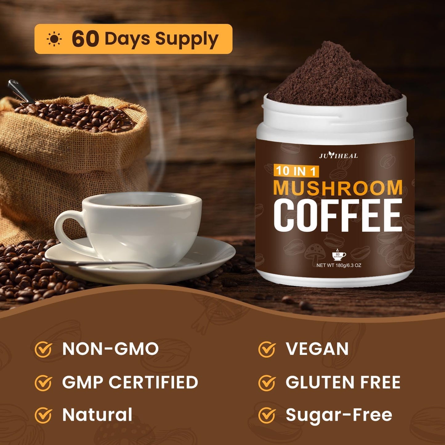 Juyiheal Mushroom Coffee, 10 In1 Mushroom Powder Coffee With Lions Mane, Chaga, Reishi, Cordyceps, Maitake, Shiitake, And Turkey