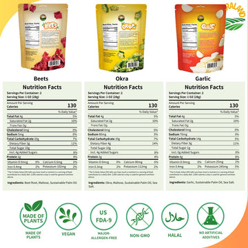 Terraland Vegetable Snack Variety Bundle - Garlic, Jalapeo, Beet, Snap Pea, Onion, & Okra - Pack Of 6