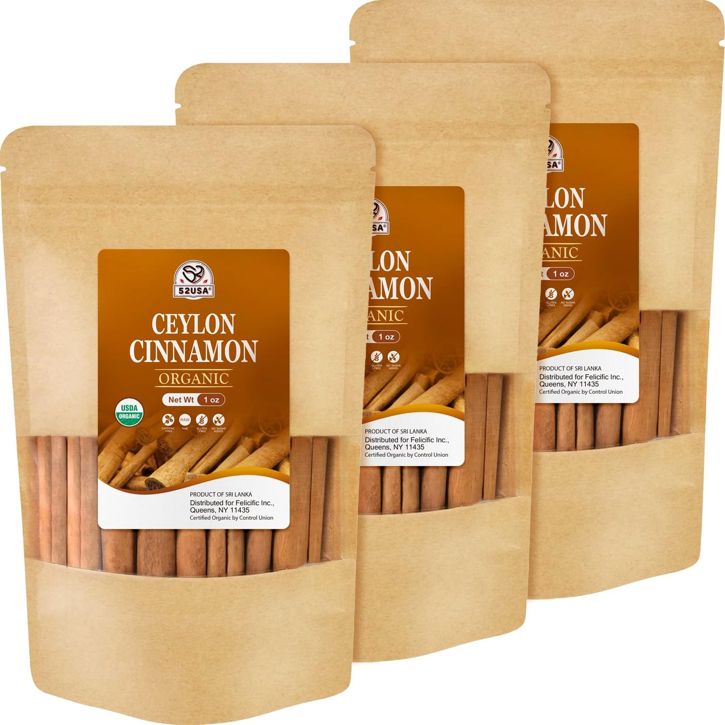 52Usa Organic Ceylon Cinnamon Sticks  1 Ounce (Pack Of 3)  True Cinnamon Farmed In Sri Lanka  Whole Cinnamon Sticks Bulk  Vegan  Non Gmo  28G
