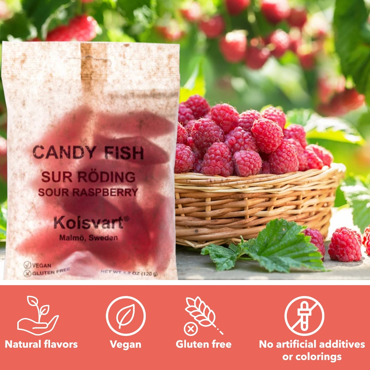 Kolsvart Sour Raspberry Candy Fish, 4.2 Oz