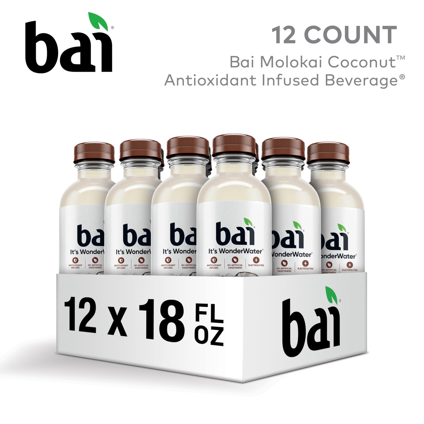Bai Antioxidant Infused Water Beverage, Molokai Coconut, 18 Fl Oz (Pack of 12), with Vitamin C, No Artificial Sweeteners