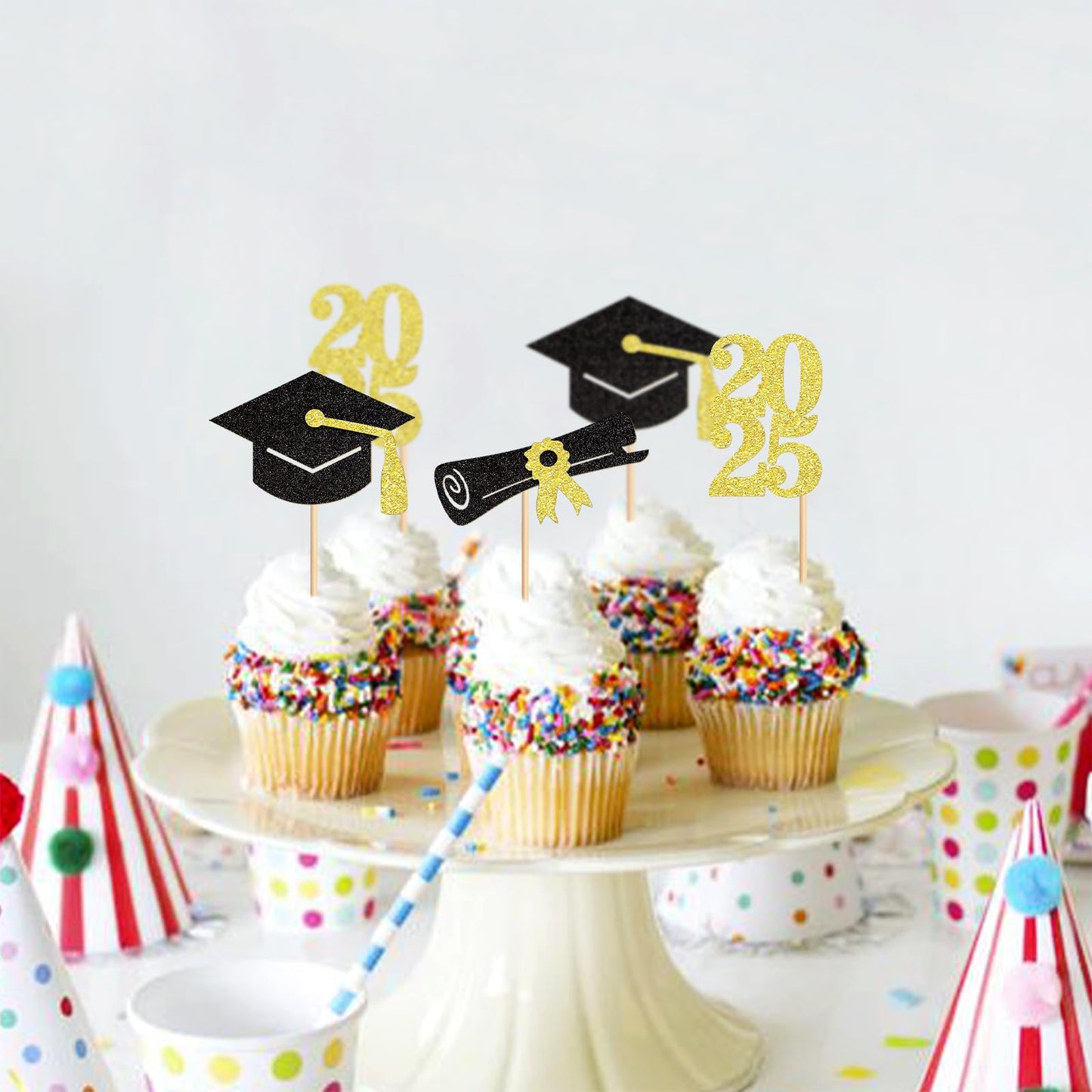 Keaziu Graduation Cupcake Toppers, 24 Pack, Class of 2025, Gold 3