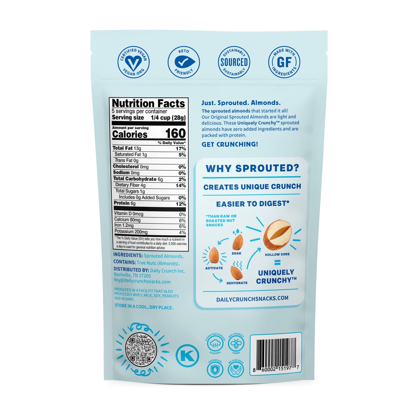 Daily Crunch Sprouted Almonds, 5 Ounce Resealable Bags (Original Sprouted, 1 Pack) Packaging May Vary - Sprouted And Dehydrated
