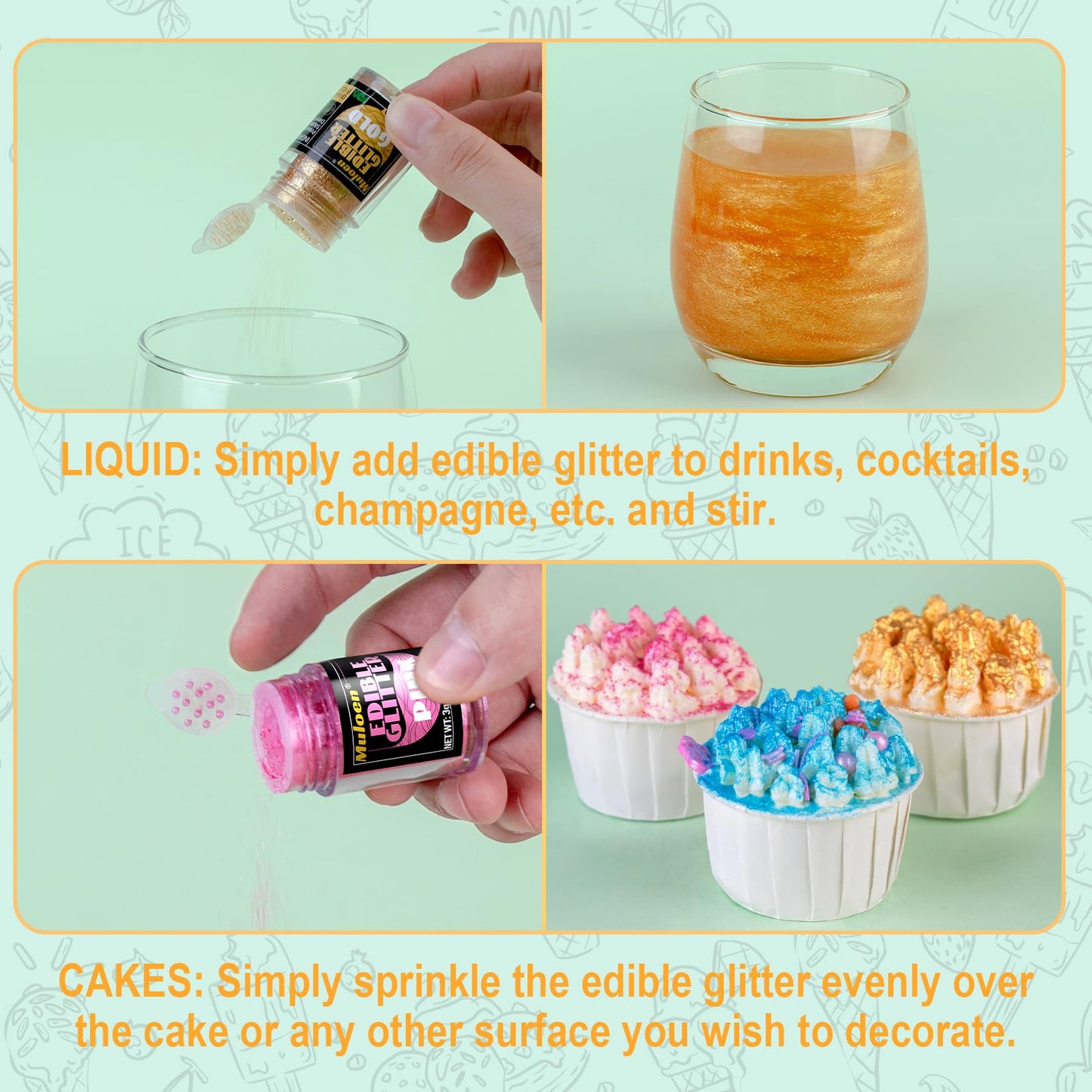 Muloen Edible Glitter 100% Edible Luster Dust, 4g per Bottle, Gold Pink Blue, Cake and Drink Decorating Supplies