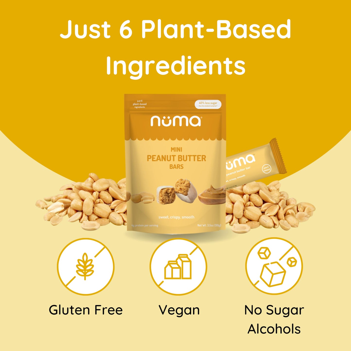 Numa Foods Mini Peanut Butter Bars - Vegan, Low Sugar, High Protein, All Natural, Gluten Free - Crunchy Plant Based Peanut Butte