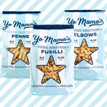 Yo Mamas Foods High Protein High Fiber 3 Variety Pasta (Fusilli, Penne and Elbow) | (3) 10.6 Ounce Bags. | Plant Based, Low Gly
