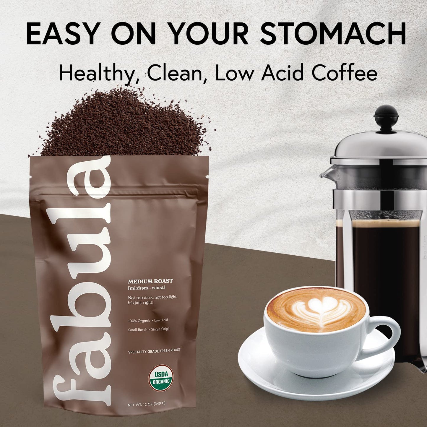 Fabula Organic Coffee For French Press, Low Acid Coffee Freshly Grounded - Non-Gmo - No Mold - Mycotoxins Pesticides Free - Sing