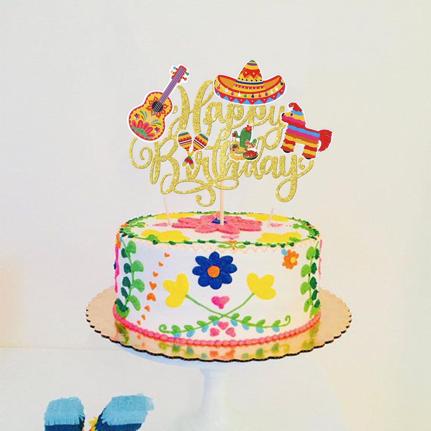 YCTHUNFISH Cake Topper, Happy Birthday Fiesta Theme, Paper & Bamboo, 5.3x8.7 inches, Gold