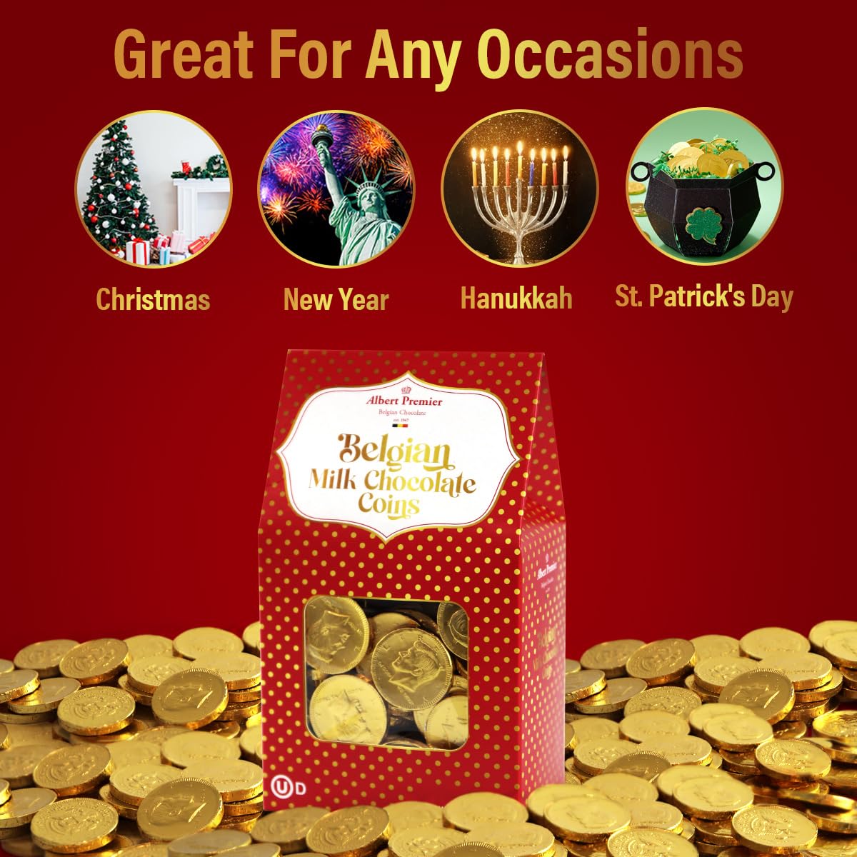 Albert Premier Belgian Chocolate Gold Coins Bulk - 1.3 Pound Approx 115 Individually Wrapped Coins Box For St. Patrick Party Favors, Pots Of Gold &