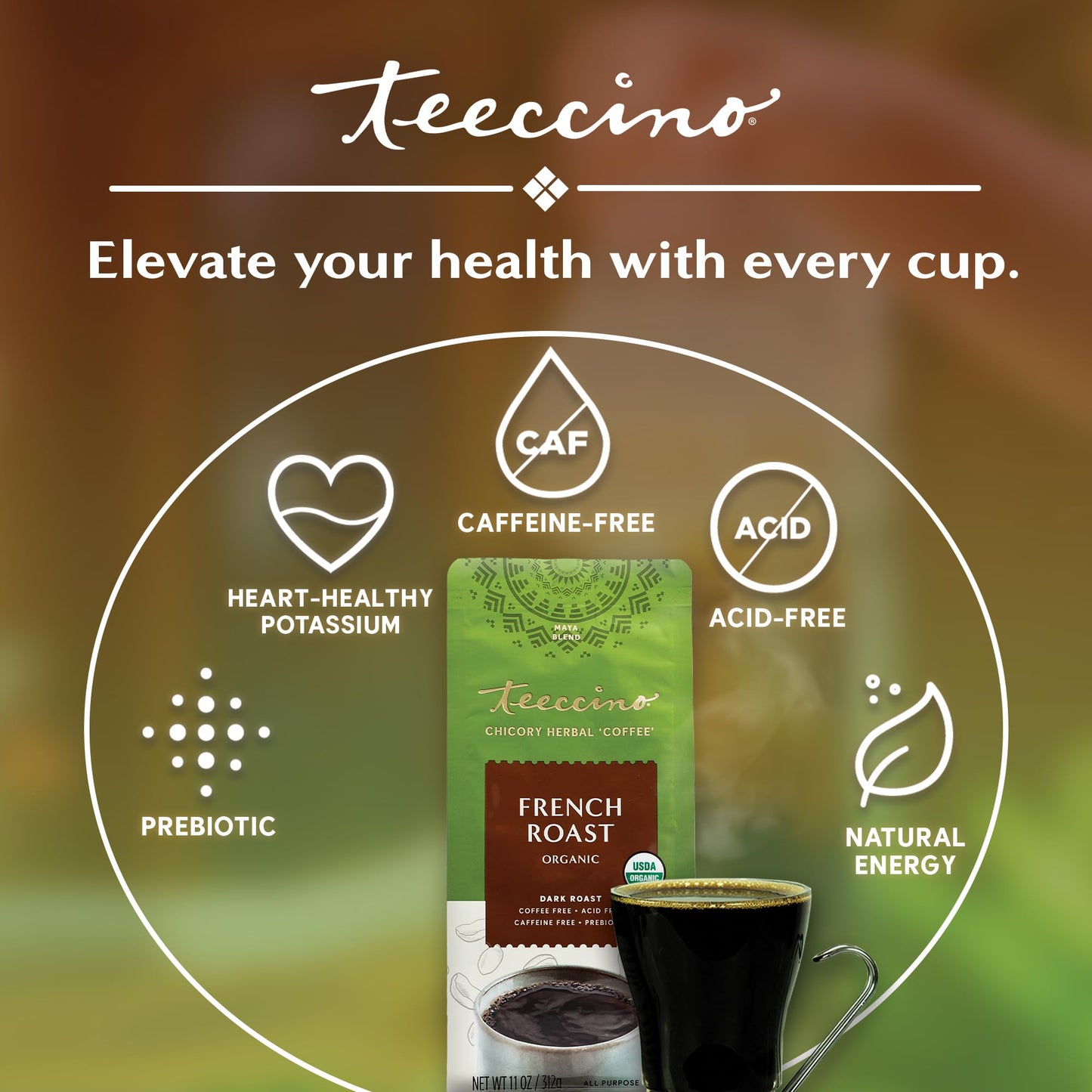 Teeccino French Roast Herbal Coffee - Caffeine-Free, Acid-Free, 11 Ounce (Pack of 6)