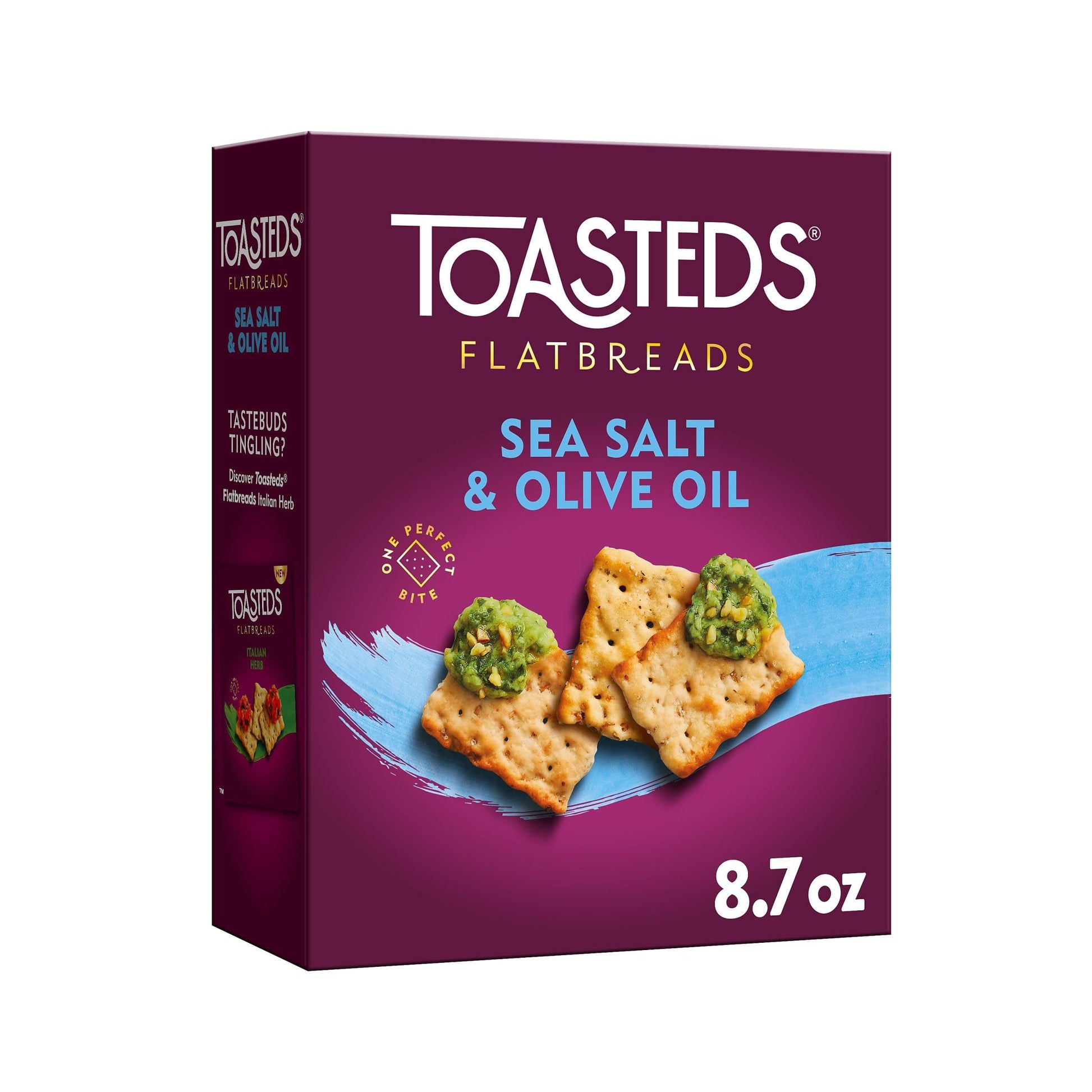Toasteds Flatbreads Crackers, Party Snacks, Lunch Snacks, Sea Salt and Olive Oil, 8.7oz Box (1 Box)
