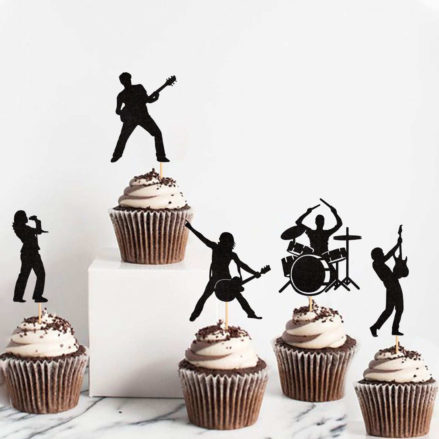 Ercadio 25 Pack Rock Band Cupcake Toppers Black Glitter Band Cupcake Picks Rock Pop Music Theme Cupcake Picks Music Concert Them