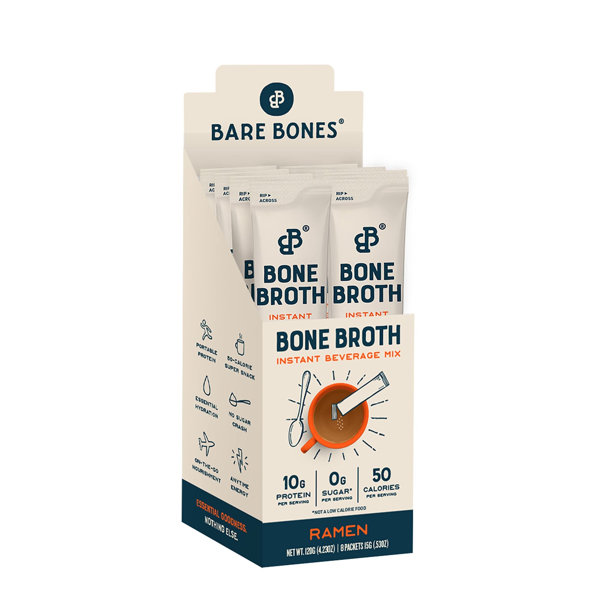 Bare Bones Bone Broth Instant Powdered Beverage Mix, Ramen, Pack Of 8, 15G Sticks, 10G Protein, Keto & Paleo Friendly, Non-Gmo,