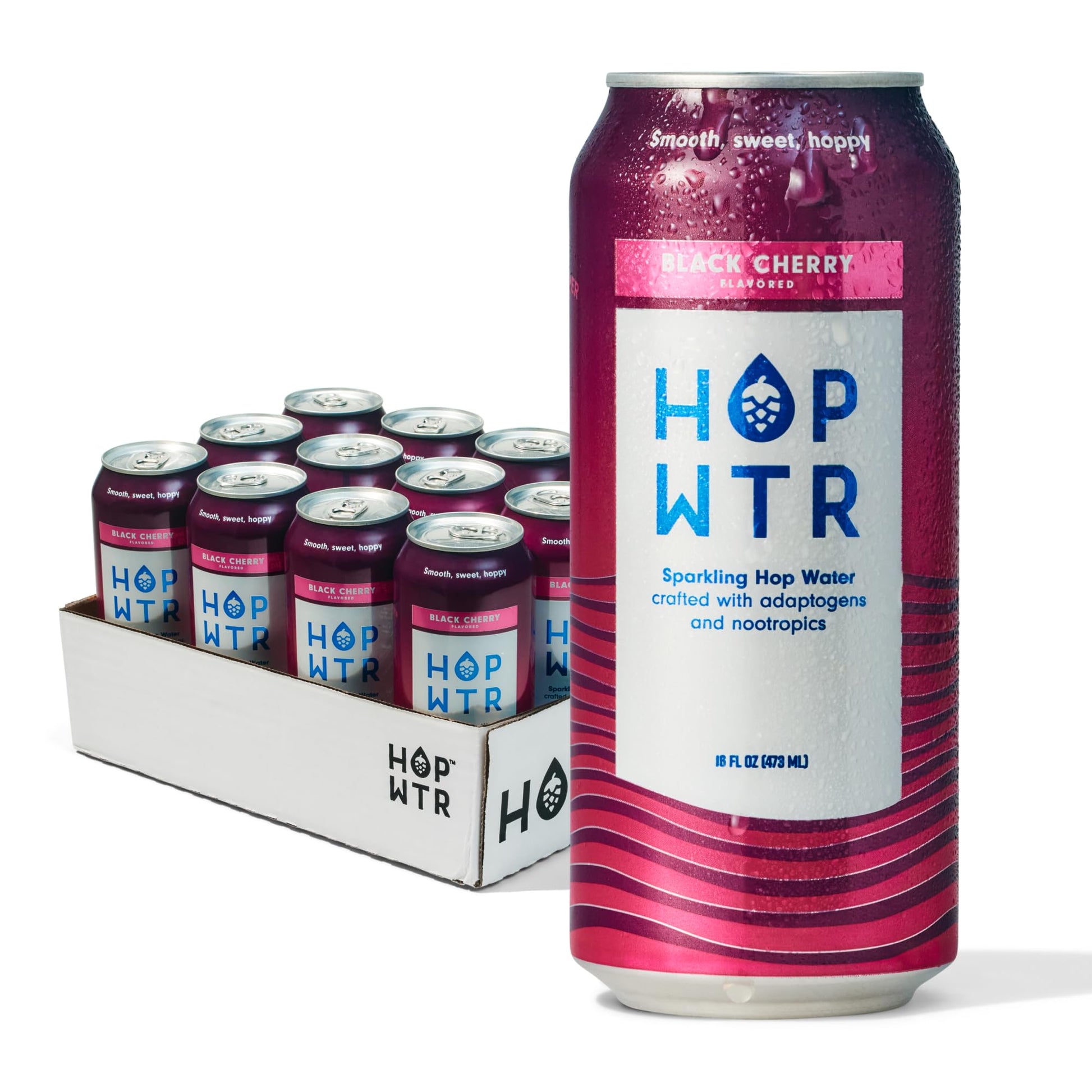 HOP WTR Sparkling Hop Water, Black Cherry, Sugar Free, Low Carb, 16 Fl Oz Cans, 12 Pack
