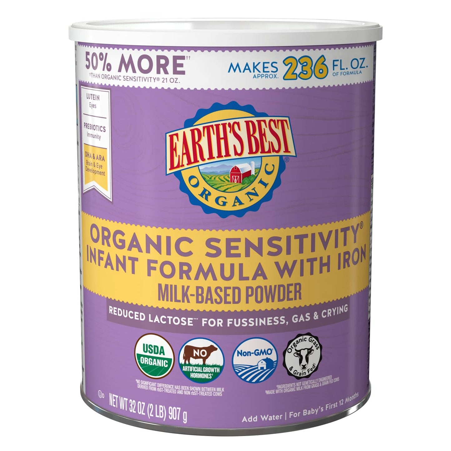Earth'S Best Organic Sensitive Baby Formula For Babies 0-12 Months, Reduced Lactose Powdered Infant Formula With Iron, Omega-3 D