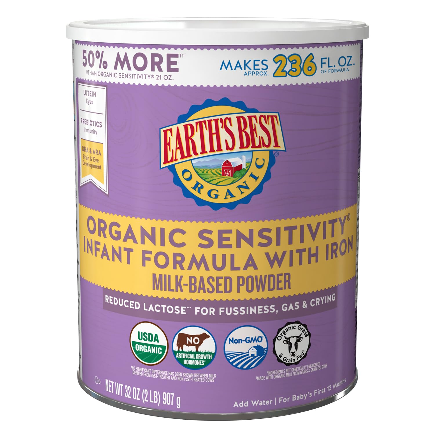Earth'S Best Organic Sensitive Baby Formula For Babies 0-12 Months, Reduced Lactose Powdered Infant Formula With Iron, Omega-3 D