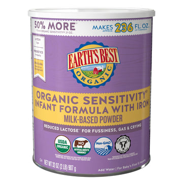 Earth'S Best Organic Sensitive Baby Formula For Babies 0-12 Months, Reduced Lactose Powdered Infant Formula With Iron, Omega-3 D