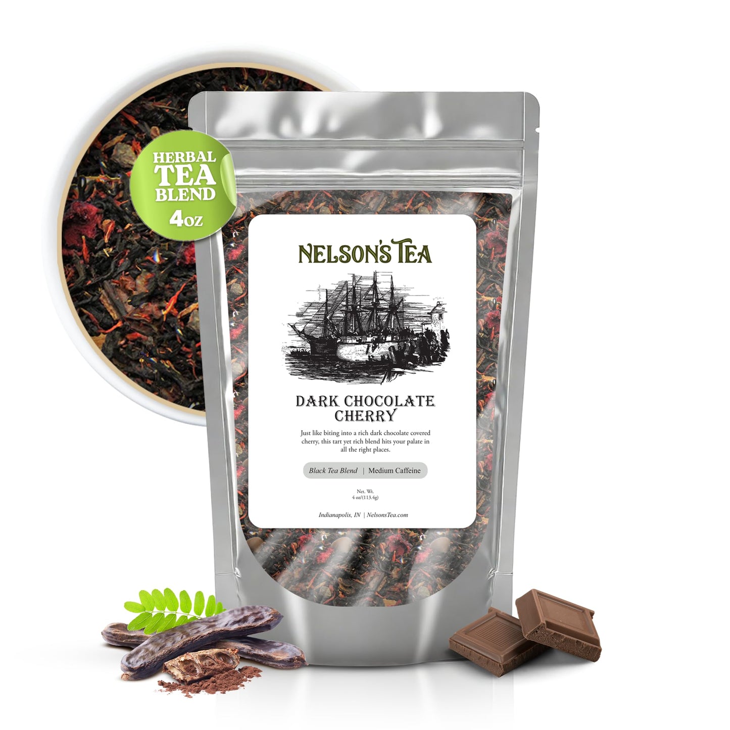 Nelsons Tea Dark Chocolate Cherry Herbal Loose Leaf Tea - Pu-erh Black Tea with Chocolate & Cherries - 4oz