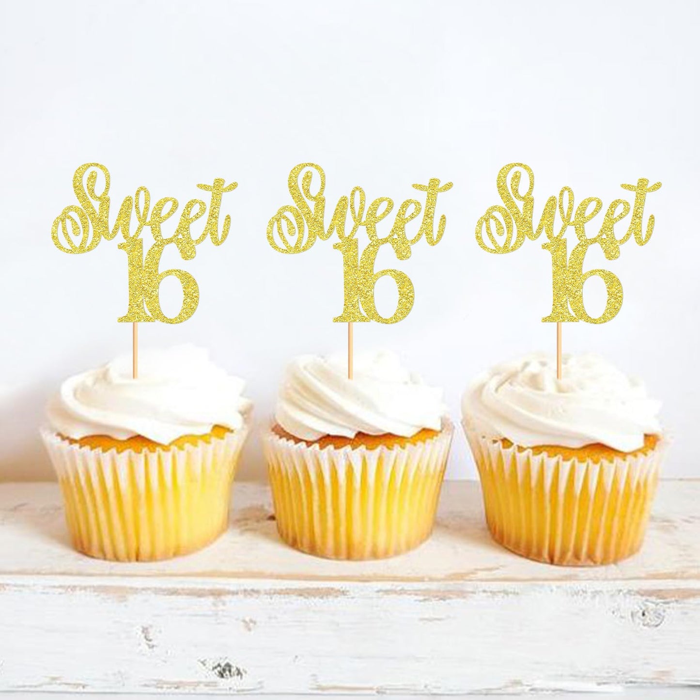 Keaziu Cupcake Toppers, Sweet 16 Picks, 24 Pack, Gold, Paper Decorations for Birthday and Wedding Anniversaries