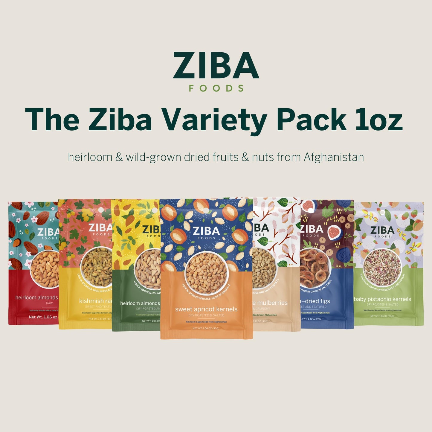 Variety Fruit & Nut Bundle By Ziba | Heirloom Almonds, Salted Pistachios, Sweet Apricot Kernels, Sun-Dried Figs, Dried White Mul