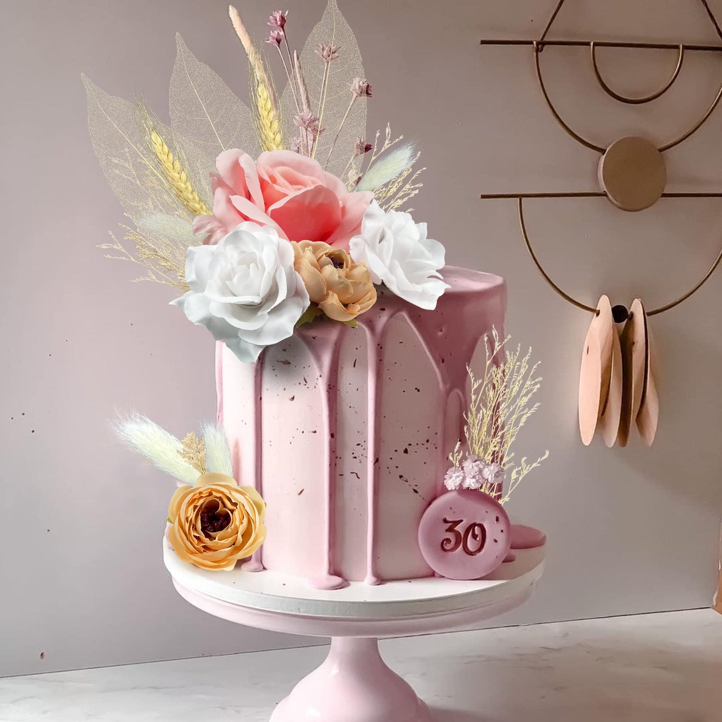 HAVAGDTM 22 PCS Boho Cake Topper Set - Vintage Artificial Rose Flowers & Dried Pampas Grass - Pink White Apricot for Weddings & Parties