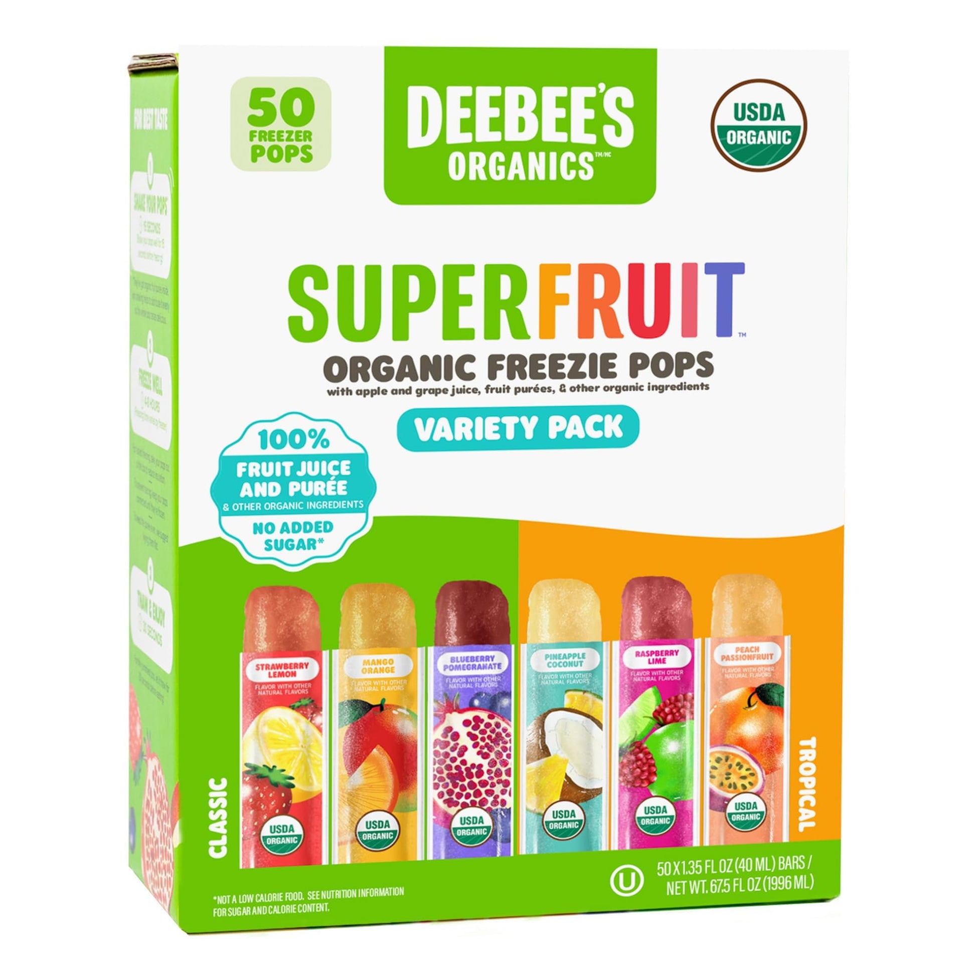 DeeBees Organics SuperFruit Freezie Variety Pack, 100% Real Fruit Freezer Pops, No Added Sugar, 50 Count