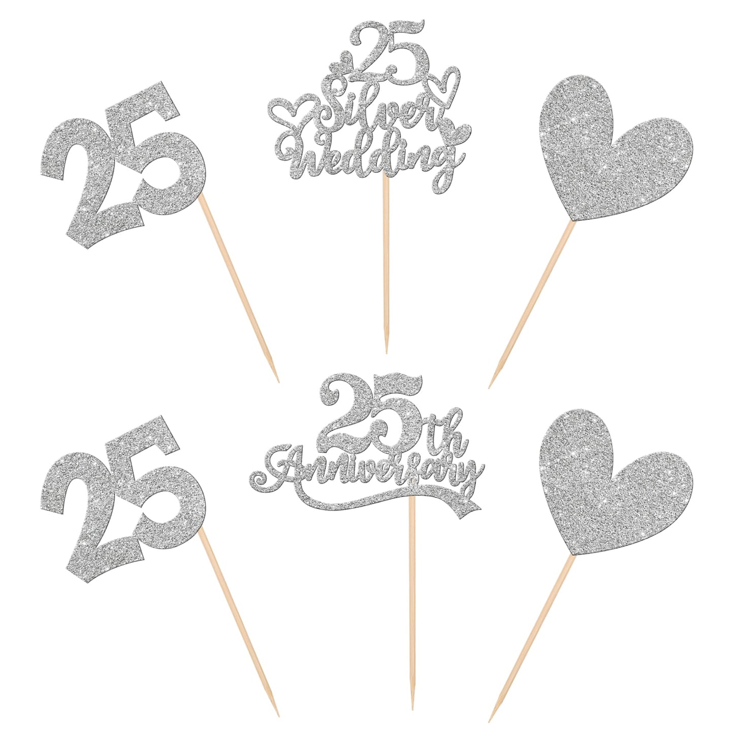 ZHUOWEISM 24 PCS Cupcake Toppers Glitter Heart 25th Anniversary Cake Decorations Design 1 Paper