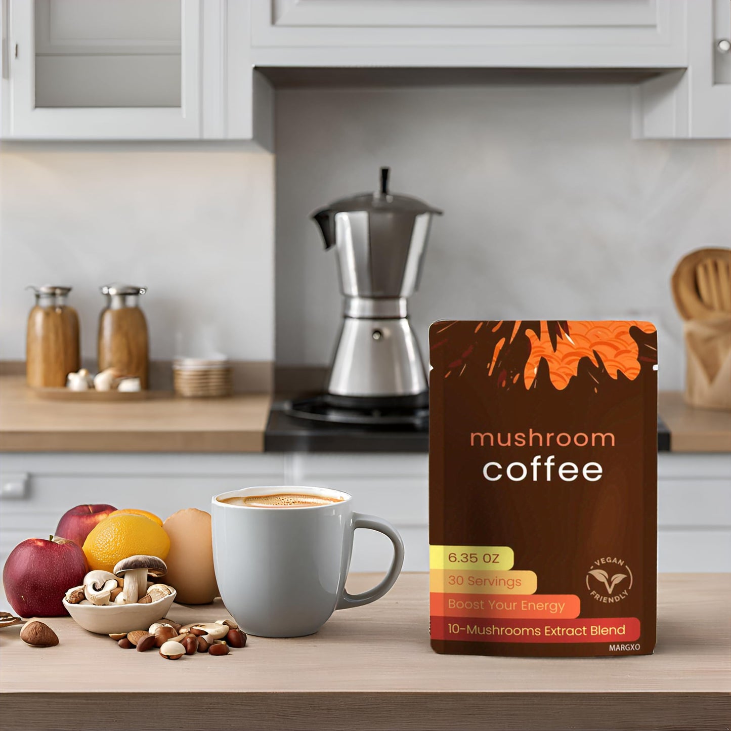 Margxo Mushroom Coffee, 6.35 Oz, 30 Servings, 10-Mushrooms Extract Blend, Boost Your Energy, Contains Coconut Milk