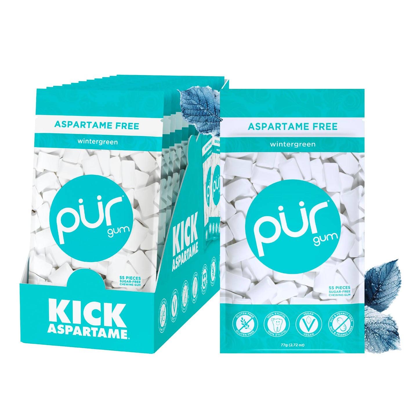 Pur Gum | Aspartame Free Chewing Gum | 100% Xylitol | Natural Wintergreen Flavored Gum, 55 Pieces (Pack Of 12)