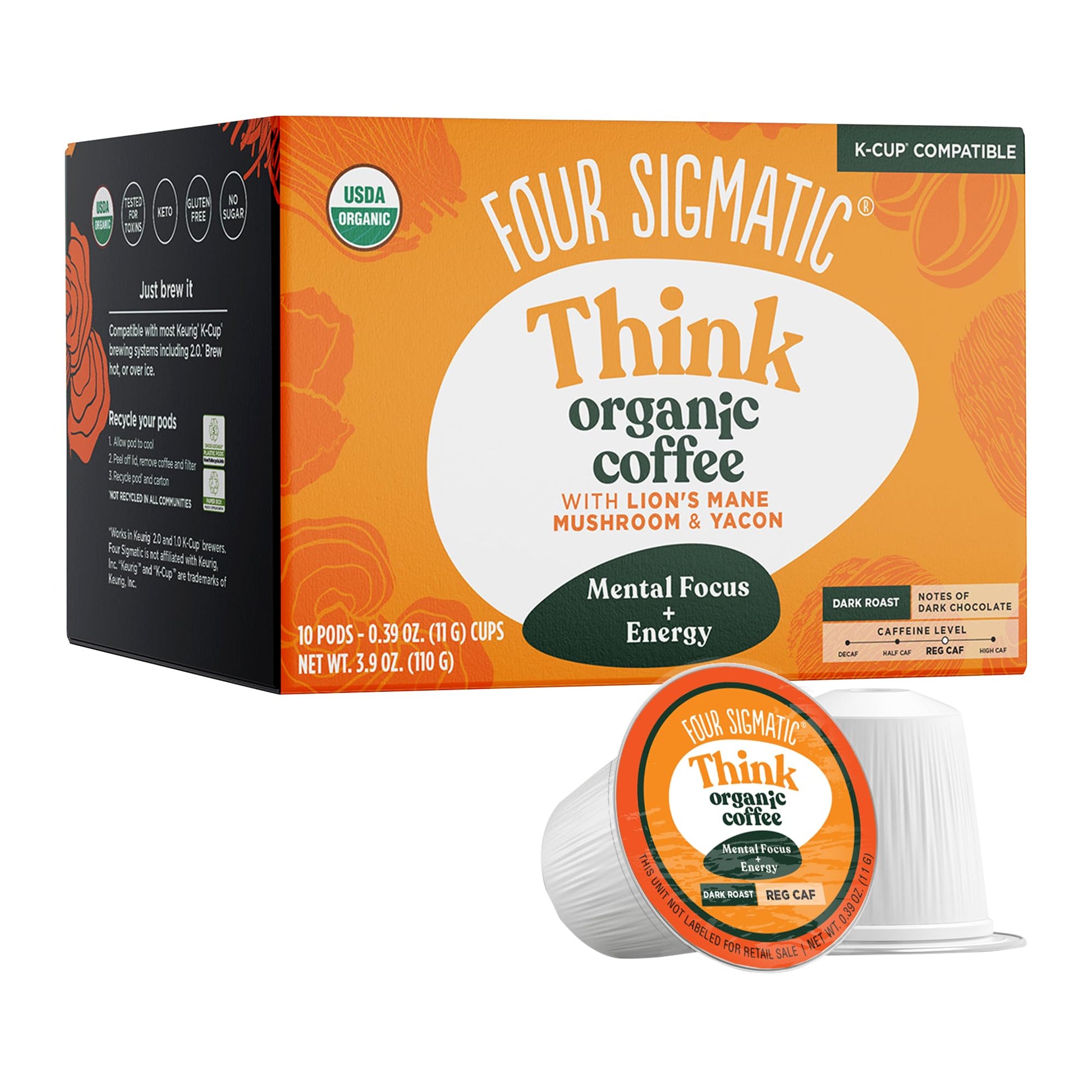 Four Sigmatic Focus Coffee K-Cups - Organic Dark Roast Coffee Pods - 10 Count