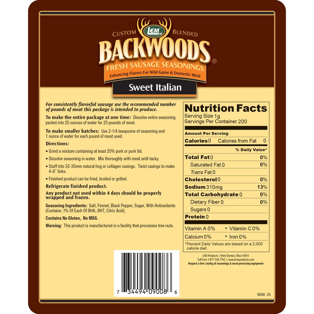 LEM Backwoods Sweet Italian Sausage Seasoning, Ideal for Wild Game, 8.3 oz Packet, Seasons Up to 25 Pounds of Meat, Model 9008