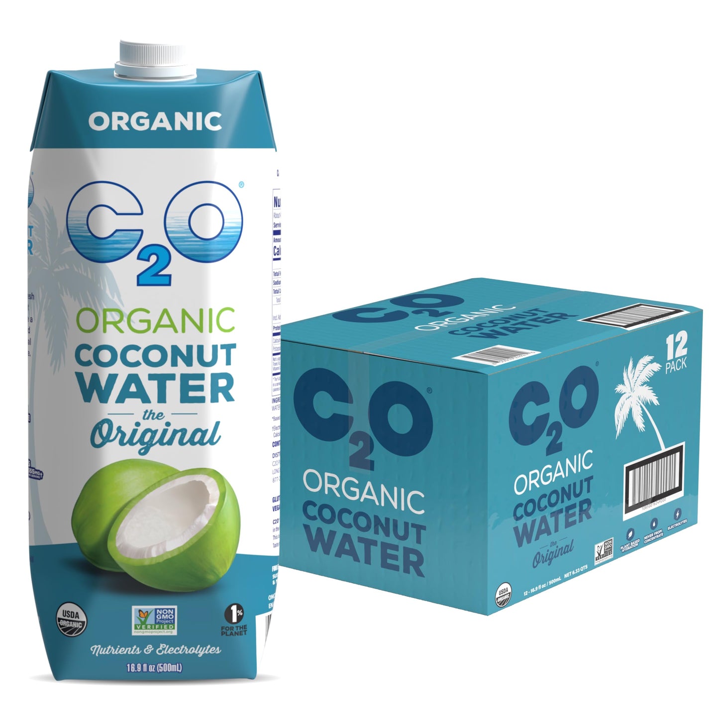 C2O - Organic Coconut Water, The Original Flavor (12 Pack) - Made With Fresh Coconut Water - Plant Based, Non Gmo - Natural Hydration, Essential Electrolytes, & Potassium - 12 Tetra Packs, 16.9 Fl Oz