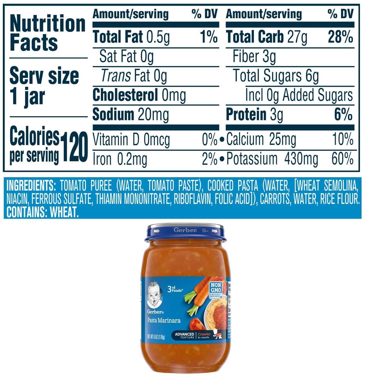 Gerber Mealtime For Baby 3Rd Foods Veggie Power Baby Food Jar, Pasta Marinara, Non-Gmo Pureed Baby Food For Crawlers 6 Ounce (Pa