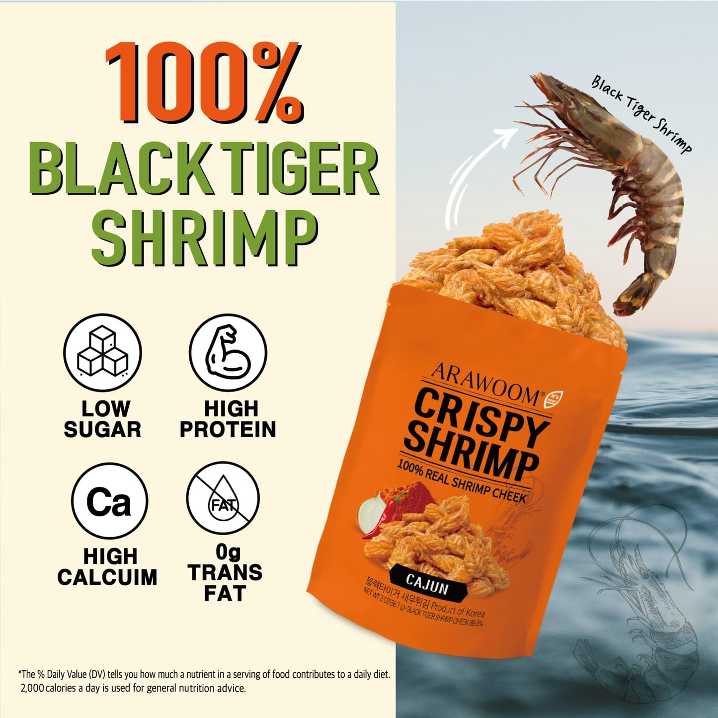 Arawoom - Real Crispy Shrimp Cheek Snack - 100% Real Black Tiger Shrimp [2 Ounce (Pack Of 3)] - Cajun Flavors - Crunchy Treat Fo
