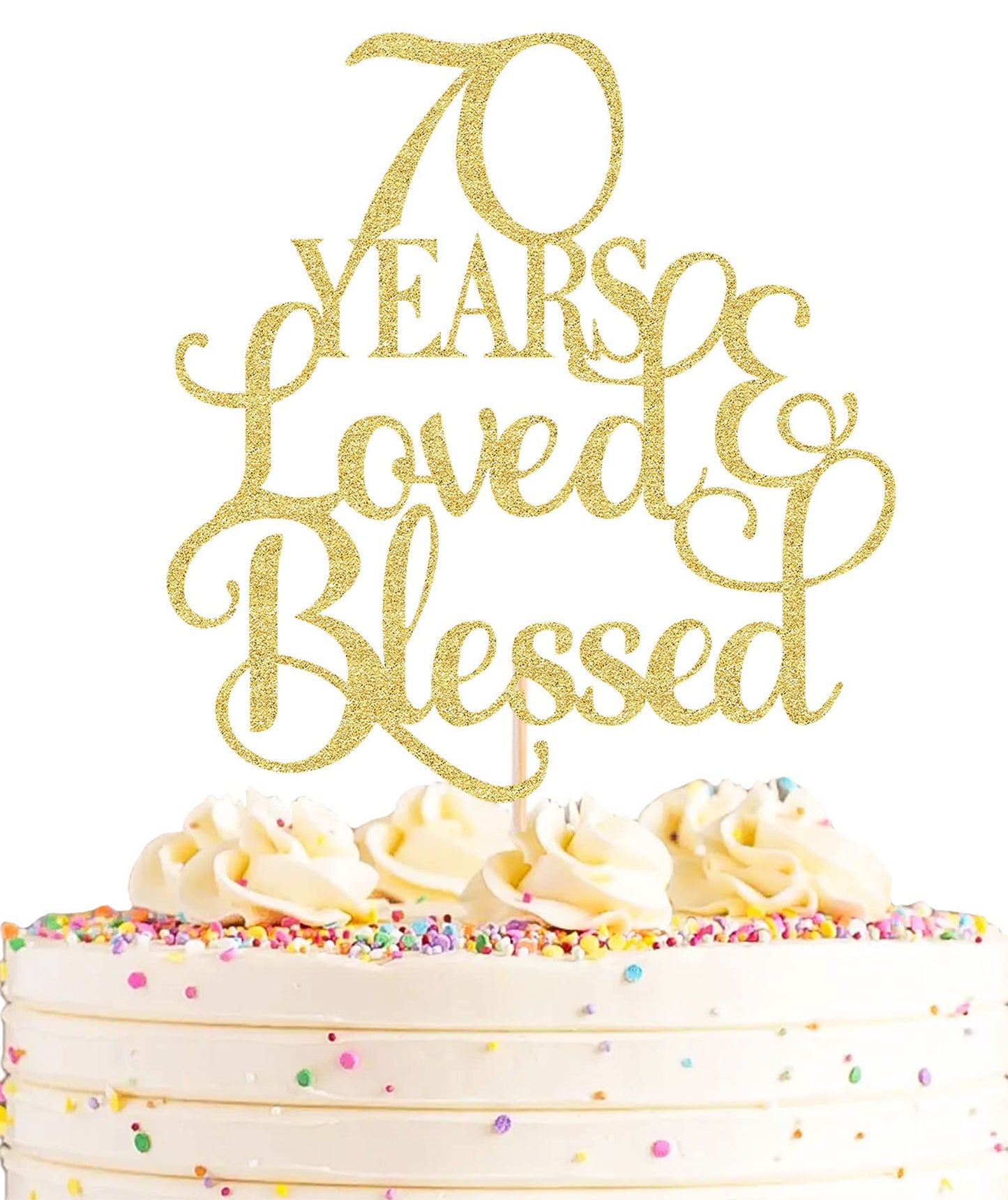 AHAORAY 70th Birthday Cake Topper - Gold Glitter Cardboard Decoration, Model CT-70YEARS
