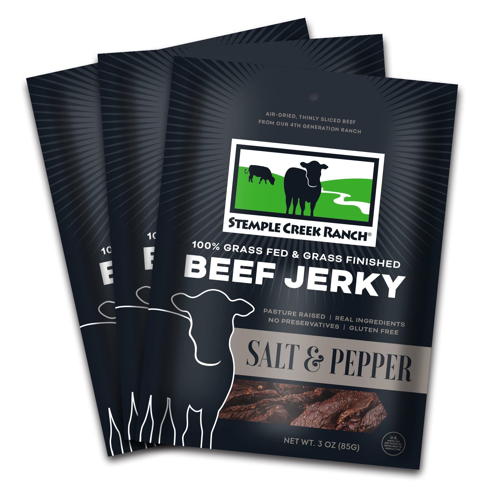 Original Stemple Creek Ranch Beef Jerky, 100% Grass-Fed, Gluten Free, No-Sugar, 4 Clean Ingredients, 3 Ounces (Salt & Pepper, 3-