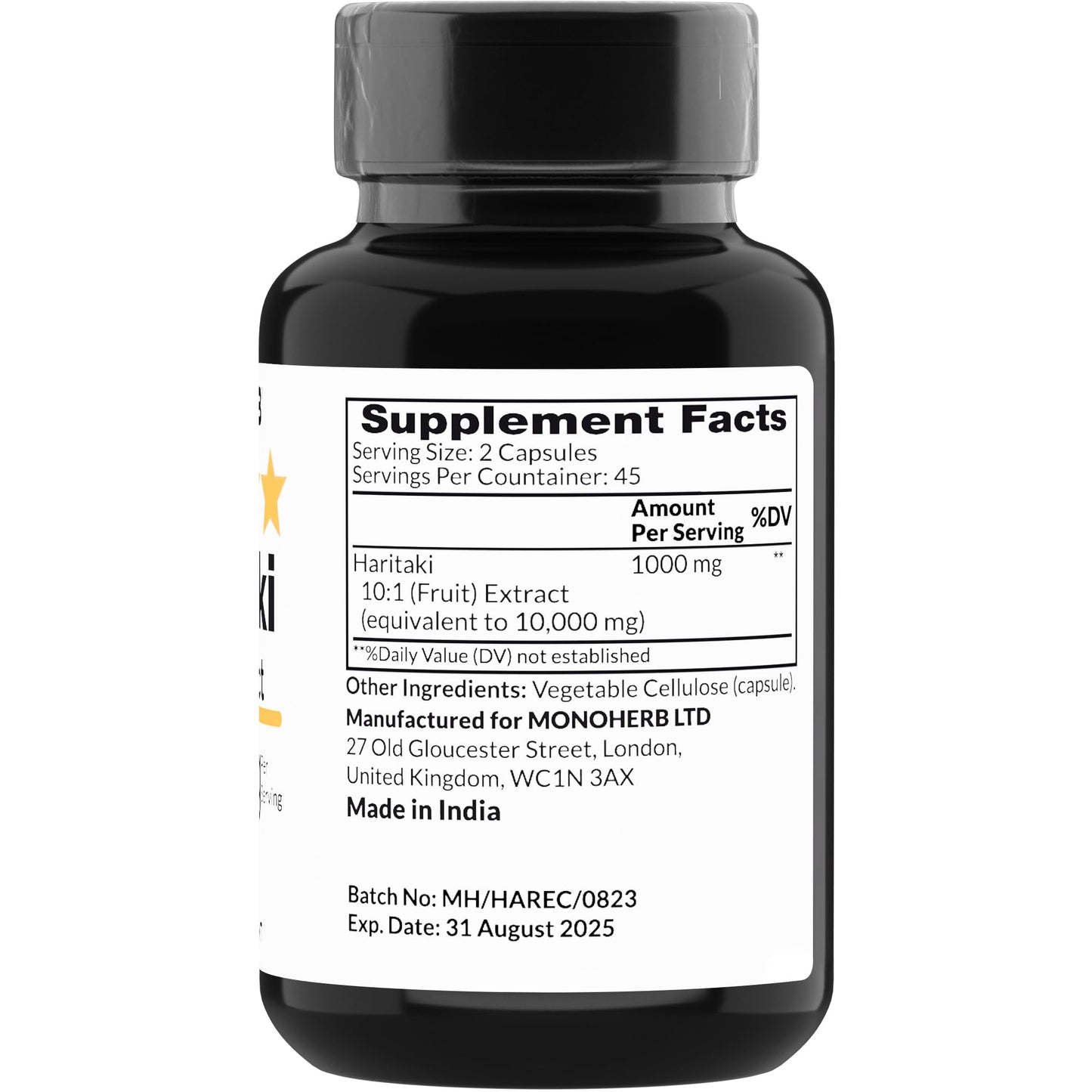 MONOHERB Haritaki Extract - 1000 mg, 90 Vegetarian compact pieces, 90 Count