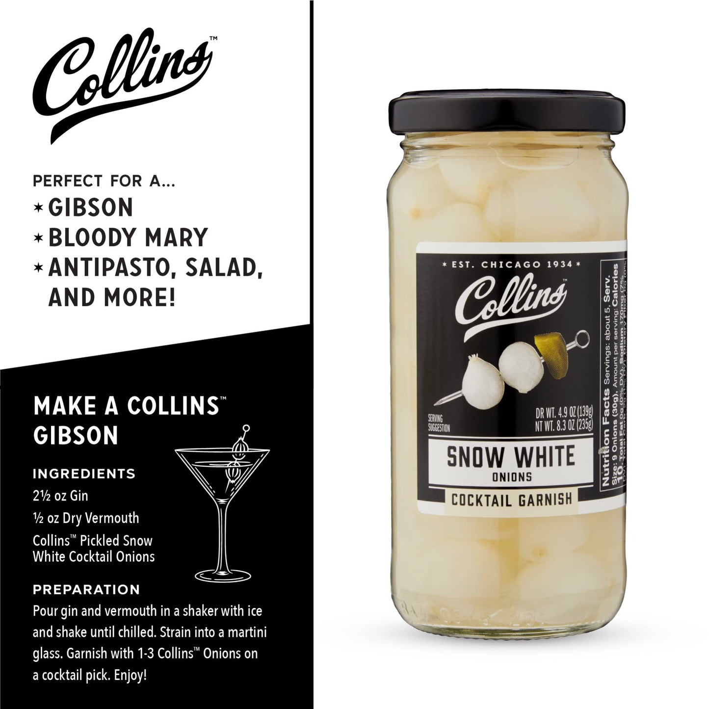 Collins Gourmet Pickled Cocktail Onions - Snow White, 8oz Jar, Perfect for Snacks and Cheese Trays, Model O52