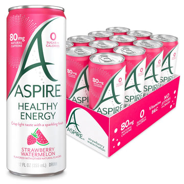 Aspire Healthy Energy Drink, Strawberry Watermelon, 80mg Natural Caffeine, Zero Sugar, 12 Pack