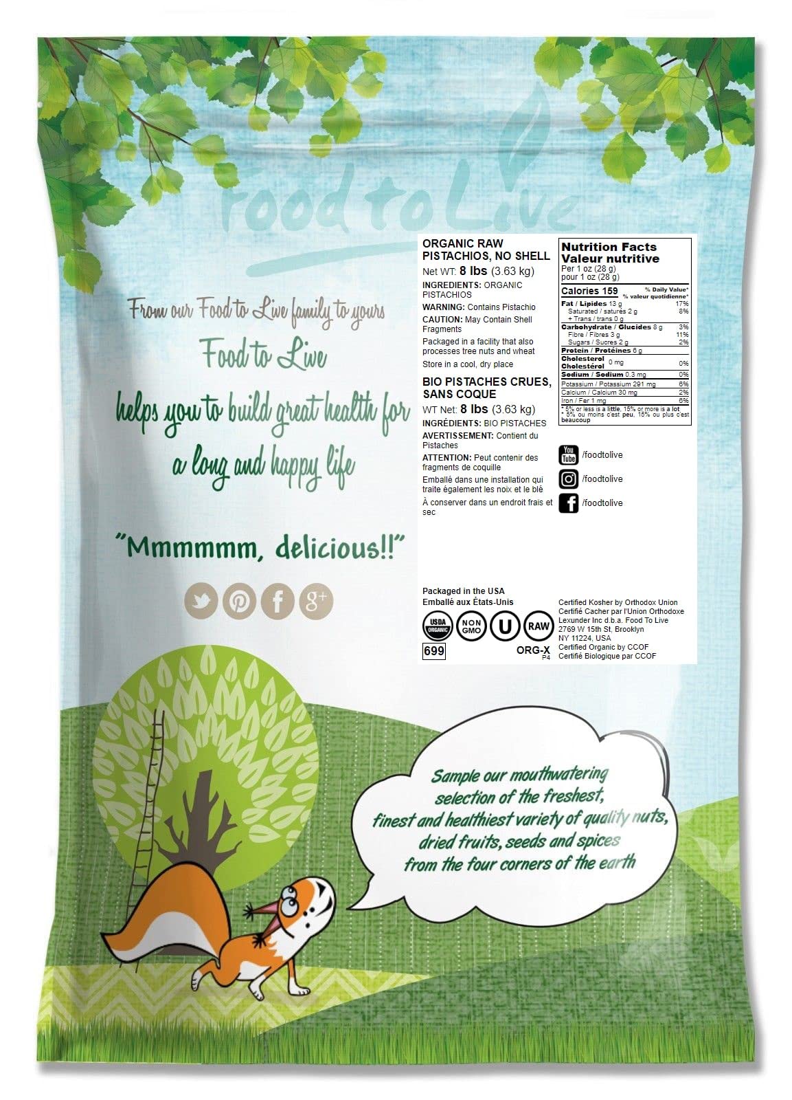 Food To Live Organic Raw Pistachios, No Shell - Non-Gmo Unsalted And Unroasted Kernels. Perfect For Snacking And Cooking. Nutrit
