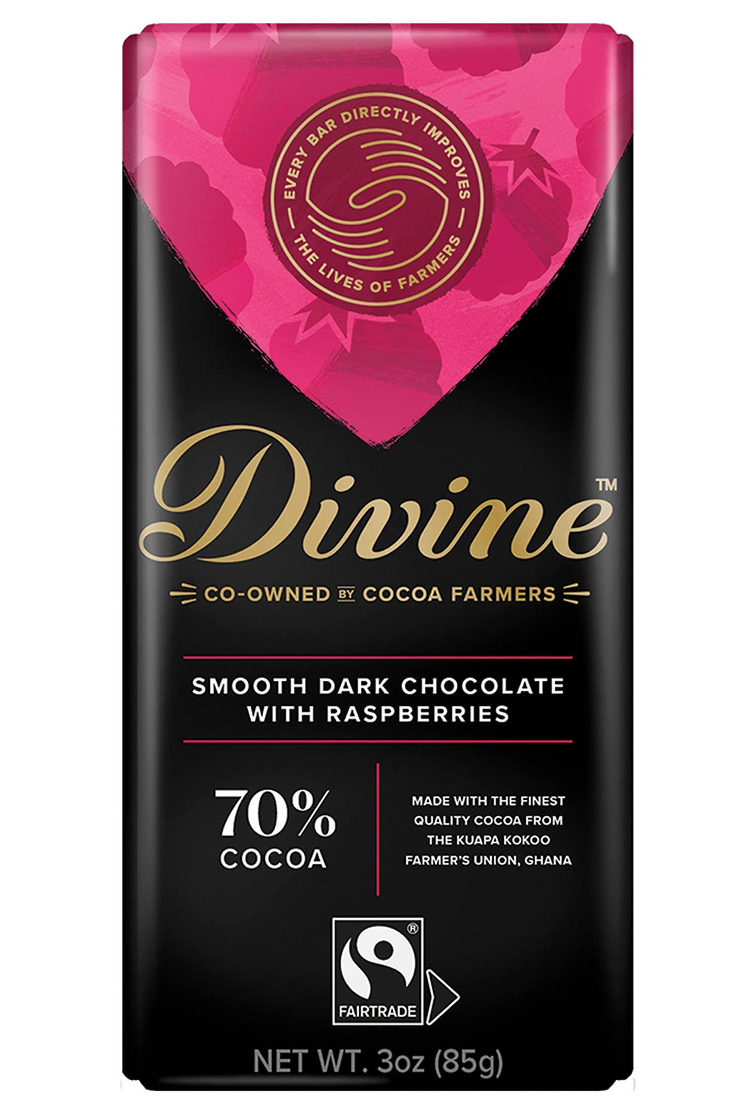 Divine Chocolate Bars - 70% Dark Chocolate with Raspberries - Made with Fairtrade Cocoa, Natural Ingredients, No Artificial Flav