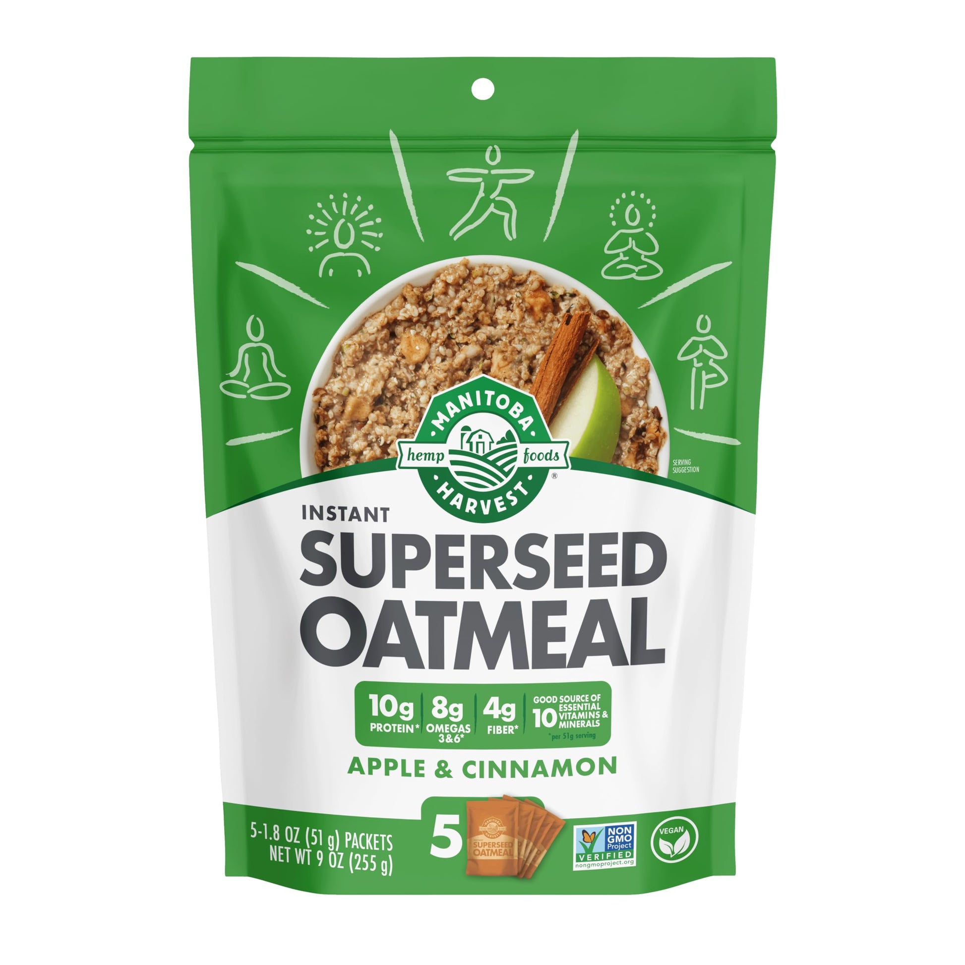 Manitoba Harvest Superseed Instant Oatmeal, 10g Protein, 4g Fiber and 8g Omega 3 and 6 per Serving from Hemp Hearts, Whole Grain