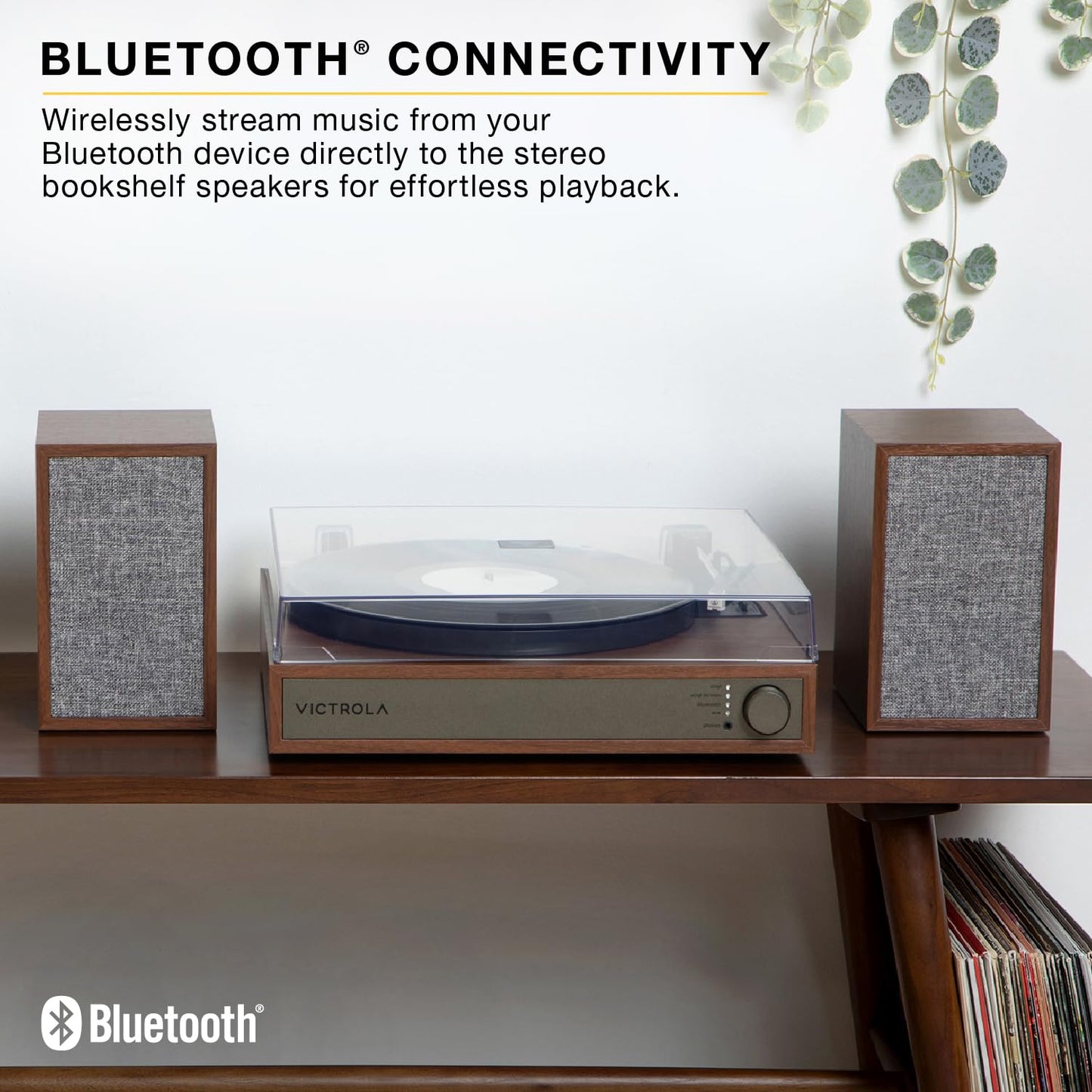 Victrola Harmony - Bluetooth Turntable System- 3-Speed Vinyl Record Player  Stereo Bookshelf Speakers  Mid-Century Modern Design  Audio Technica ATN3600L  Bluetooth Input and Output (Walnut)